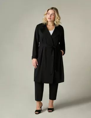 Womens Belted Revere Collar Relaxed Tailored Coat