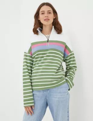 Womens Pure Cotton Striped Half Zip Relaxed Sweatshirt