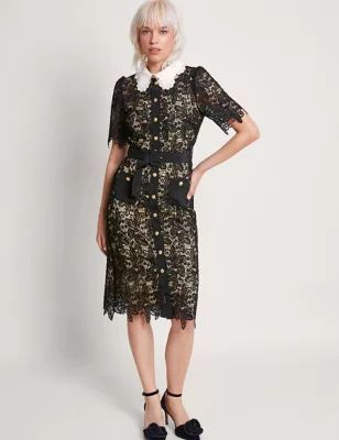 Womens Lace Collared Knee Length Shirt Dress