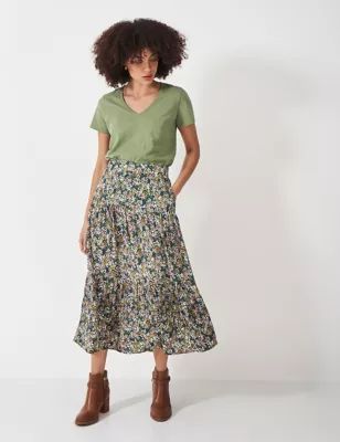Womens Floral Midi Tiered Skirt
