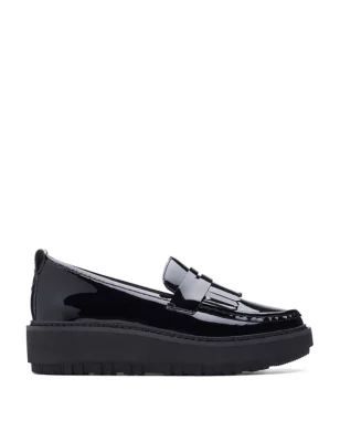 Womens Leather Patent Flatform Loafers