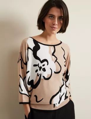 Womens Floral Boat Neck Knitted Top