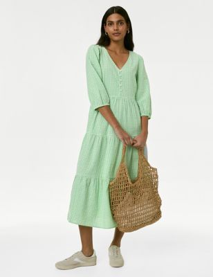 Womens Pure Cotton Gingham Midi Tiered Dress