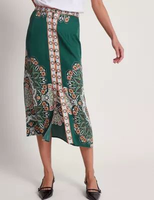 Womens Printed Button Front Midi A-Line Skirt