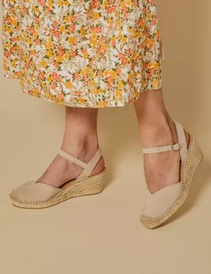 Womens Leather Buckle Wedge Espadrilles