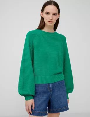 Womens Pure Cotton Ribbed Round Neck Jumper