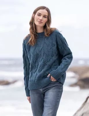 Womens Pure Wool Cable Knit Relaxed Jumper