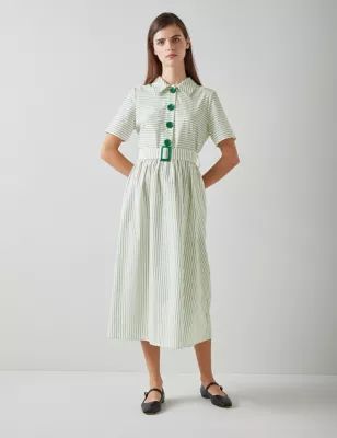 Womens Striped Belted Midi Shirt Dress