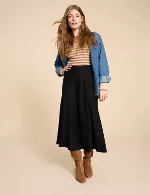 Womens Linen Rich Midi A-Line Skirt