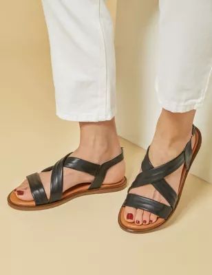 Womens Leather Ankle Strap Flat Sandals