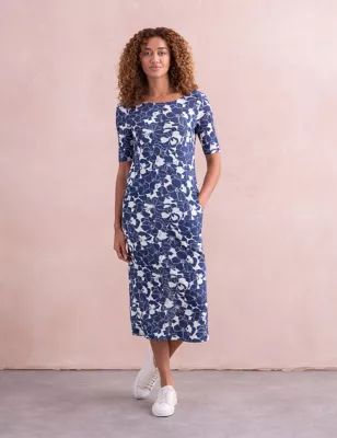 Womens Linen Blend Floral Midi Shift Dress
