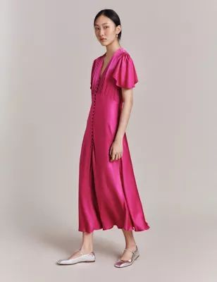 Womens Satin V-Neck Button Front Midaxi Tea Dress