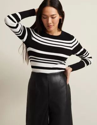 Womens Striped Ribbed Round Neck Jumper