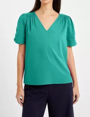 Womens Crepe V-Neck Relaxed Puff Sleeve Blouse