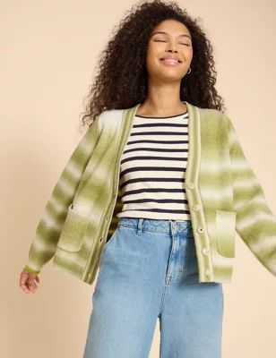 Womens Striped Button Through Cardigan with Wool
