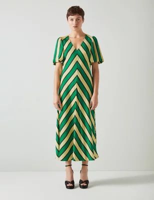 Womens Cotton Blend Striped V-Neck Midi Column Dress