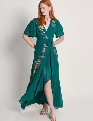 Womens Floral Embroidered V-Neck Maxi Wrap Dress