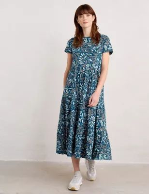 Womens Organic Cotton Floral Midi Tiered Dress
