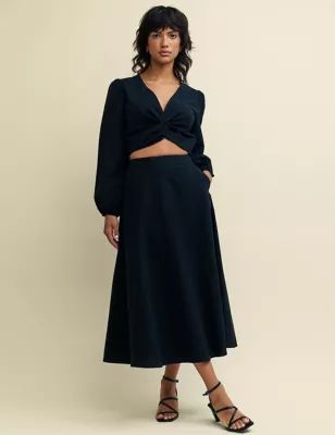 Womens Cotton Rich Pleated Midi Skirt