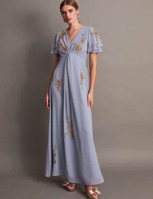 Womens Embellished V-Neck Maxi Waisted Dress
