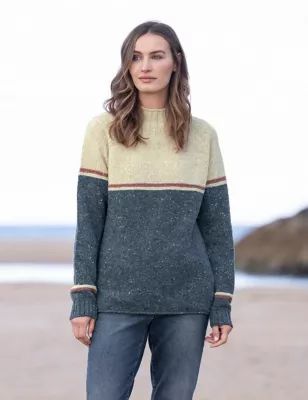 Womens Pure Wool Colour Block Funnel Neck Jumper