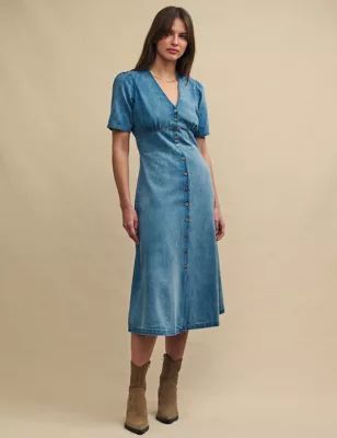 Womens Denim V-Neck Midi Tea Dress