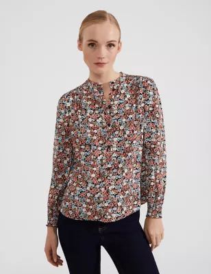 Womens Floral Collared Round Neck Blouse