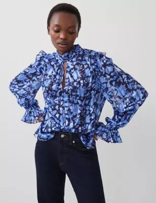 Womens Floral High Neck Frill Detail Blouse