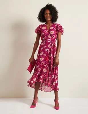Womens Metallic Floral Midi Wrap Dress