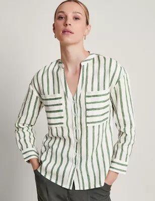 Womens Pure Linen Striped Button Through Shirt