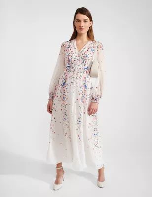 Womens Pure Silk Floral V-Neck Maxi Waisted Dress