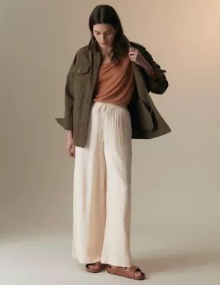 Womens Pure Cotton Textured Wide Leg Trousers