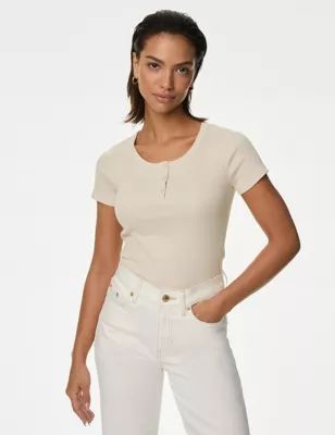 Womens Cotton Rich Ribbed Henley Top