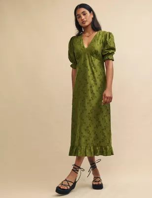 Womens Pure Cotton Embroidered V-Neck Midaxi Dress