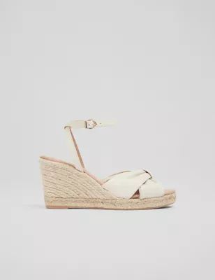 Womens Leather Ankle Strap Wedge Espadrilles