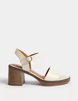 Womens Leather Ankle Strap Block Heel Sandals