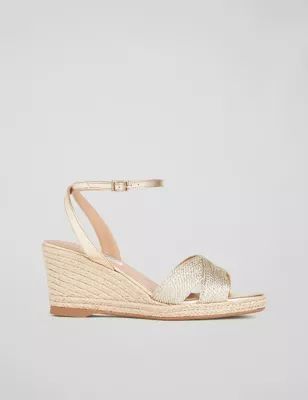 Womens Metallic Ankle Strap Wedge Sandals