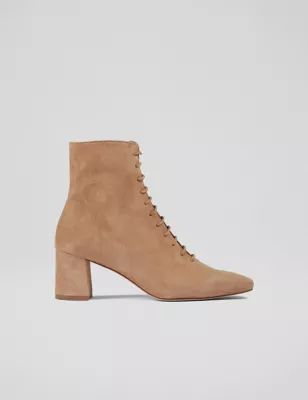 Womens Suede Lace Up Block Heel Square Toe Ankle Boots