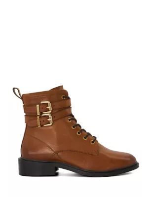 Womens Leather Lace Up Buckle Flat Ankle Boots