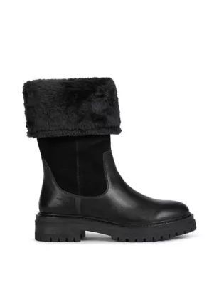 Womens Leather Faux Fur Chunky Winter Boots