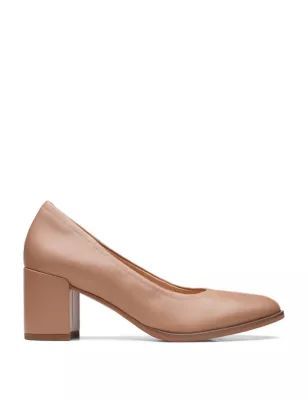 Womens Leather Block Heel Court Shoes