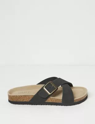 Womens Leather Buckle Crossover Footbed Sliders