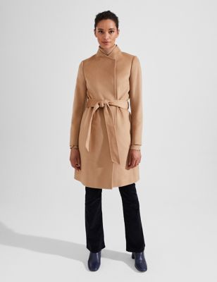 Womens Pure Wool Belted High Neck Tailored Coat