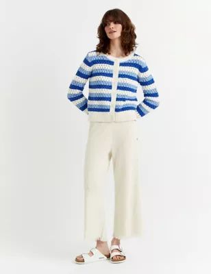 Womens Pure Cotton Textured Striped Cardigan