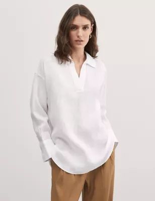 Womens Pure Linen Collared Relaxed Shirt