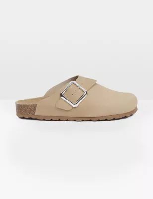 Womens Suede Buckle Clogs