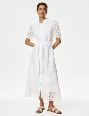 Womens Pure Cotton Broderie Midi Shirt Dress