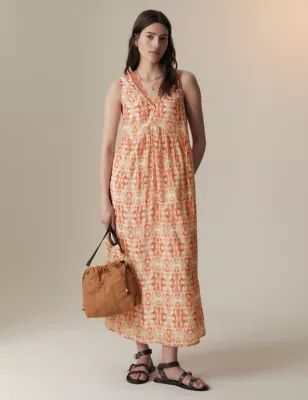 Womens Cupro Blend Printed V-Neck Tea Midi Dress