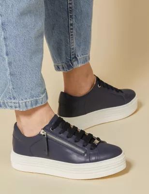 Womens Leather Lace Up Flatform Trainers