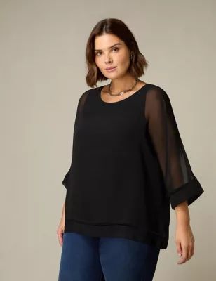 Womens Sheer Embroidered Trim Relaxed Top